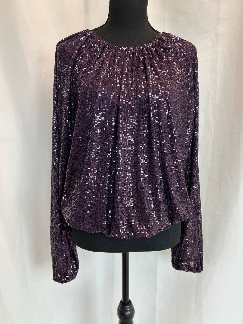 Suzy Shier plum purple Sequin Long Sleeve Peasant Blouse Sz L NWOT sparkly - Picture 3 of 11